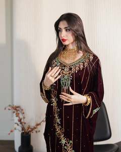 Elegant Women's Floor Length Abaya With Floral Embroidery V Neck Long Sleeve Silk Middle East Wedding Dress - Product Image 2