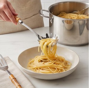 Elegante juego de servidor de pasta con mango de bambú, cabeza de acero inoxidable, cubiertos pulidos, cuchara, tornero sólido para servir elegante - Product Image 3