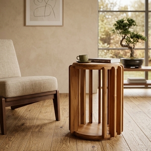 Table d'appoint Barcelona en teck massif, diamètre 32 cm, finition naturelle, design moderne, légère, avec rangement, meuble décoratif pour la maison - Product Image 4