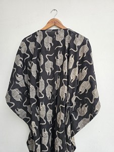 Artisan Handmade <b>Black</b> Cotton Tiger Print <b>Kaftan</b> Dress Boho Maxi Caftan with Adjustable Waist Tie Lightweight Lounge Wear - Product Image 3