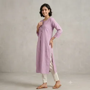 Kurti long en coton et lin lavande pour femme, col rond, manches trois quarts, coupe droite, encolure brodée, tenue ethnique décontractée - Product Image 4