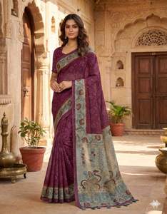 Sari en lin traditionnel avec un magnifique motif Bandhani et un chemisier Kalamkari pour l'occasion Diwali - Product Image 5