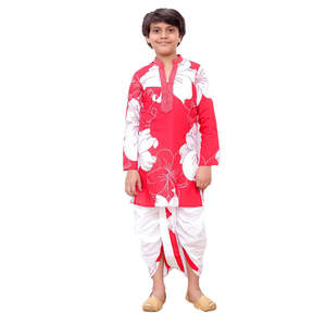 Conjunto de Kurti y Dhoti de Algodón con Estampado de Margaritas Rojas y Blancas para Fiestas de Niñas - Product Image 1