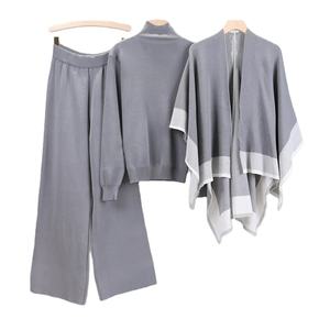 ชุดถักนิตติ้งแนวลำลองของผู้หญิง3ชิ้น, ผ้าคลุมไหล่สีล้วนเสื้อคอกลมแขนยาวกางเกงขายาวแฟชั่นสไตล์วินเทจสำหรับฤดูหนาว - Product Image 5