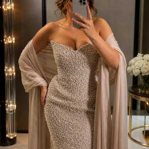 <b>Pearl</b> Embellished Mermaid Floor-Length Beaded Satin Evening Gown Draped Cape Shoulder Formal Prom <b>Dress</b> Elegant Red Carpet Party - Product Image 3