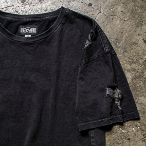 Plus Size Distressed Black Tee Shirt Men Drop Shoulder Tee Shirts Men's Distress Washed T-Shirts Mens Summer Distress Black Tee - Product Image 4