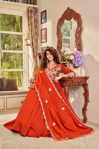 Robe Anarkali en Georgette Orange avec Dupatta, brodée de fils de sequins, longueur ras du sol, pour fêtes et mariages, pour femmes - Product Image 2