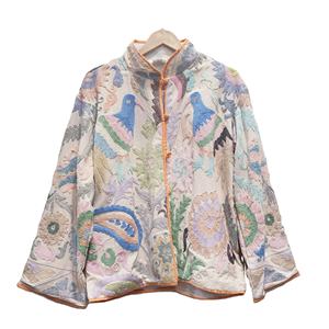 Veste bomber décontractée en coton 100% unisexe à col en V, style vintage, broderie florale suzani, lavage à la pierre, courte, pour l'hiver - Product Image 1