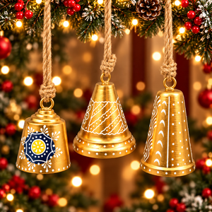 Distinctive Golden Iron Hanging Bells with Hand Painted Folk Designs Floral Medallion <b>Artwork</b> and Braided Rope Hangers - Product Image 2