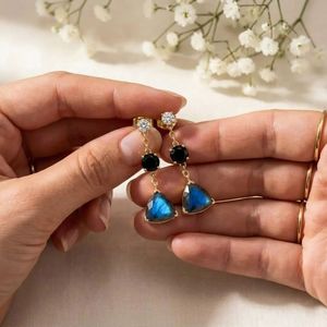 Labradorite Trillion Cut & Black Obsidian Round Faceted Drop <b>Earrings</b> With CZ Accent Elegant Labradorite Gemstone <b>Stud</b> <b>Earrings</b> - Product Image 5