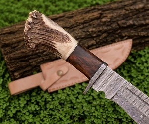 Cuchillo de Hoja Fija de Acero de Damasco Hecho a Mano con Punta Caída, Mango de Madera, Funda de Cuero, para Caza, Supervivencia al Aire Libre, Bricolaje, Grado DIY, 12 Pulgadas - Product Image 2