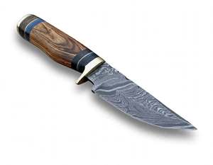 Cuchillo utilitario de hoja curva de acero de Damasco hecho a mano, mango de madera de Bocote, guardacuchillo de latón, herramienta de campo - Product Image 2