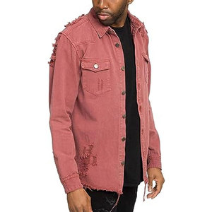 <b>Men's</b> Pink Denim Shirt <b>Jacket</b> with Frayed Edges Stand Collar Solid Windproof Casual Style Washed Cotton <b>Long</b> Sleeve Winter Wear - Product Image 2