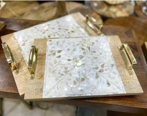 Bohemian MOP Inlay Serving Storage Tray With Metal Handles Rounded <b>Coffee</b> <b>Table</b> Serving Breakfast Vanity Tray For Homes Hotels - Product Image 5