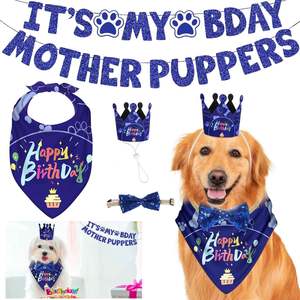 Cute <b>Dog</b> Birthday Party <b>Bandana</b> Hat Set with Banner Decoration Supplies for Canine Celebrations - Product Image 1
