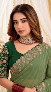 <b>Green</b> Embroidered <b>Silk</b> Saree <b>Blouse</b> for Women Wedding Traditional Indian Pakistani Style Floor Length Regular Fit Sun Protection - Product Image 2