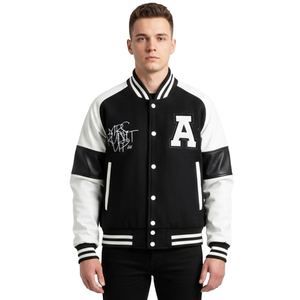 Chaqueta universitaria de poliéster con logotipo personalizado al por mayor para hombre, tipo bomber, con cierre de botones, bolsillos y letras estilo Letterman, para béisbol. - Product Image 1