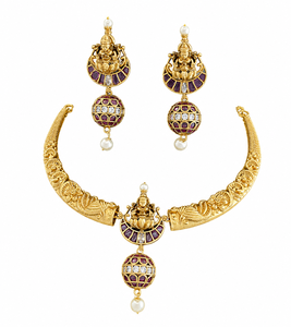Antique Brass Zircon Goddess Lakshmi Temple Wedding Jewelry Set Rhodium Plated Classic Hasli Choker Necklace Matching Jhumka - Product Image 1