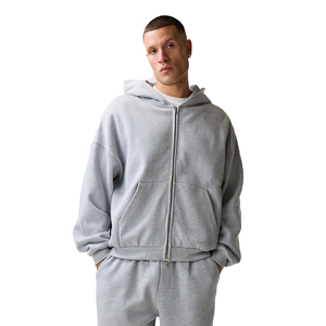 Men's Gray Hooded Zip-Up <b>Tracksuit</b> Set Full Length Loose Fit Cotton Sweatshirt Pants Casual Autumn Wear Solid Color Side Pockets - Product Image 2