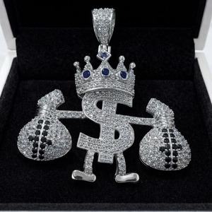 จี้รูปสัญลักษณ์ดอลลาร์ประดับเพชรแบบ Iced Out พร้อมมงกุฎและถุงเงิน โมอิสซาไนต์ เงินแท้ 925 ชุบโรเดียม สไตล์ฮิปฮอป เครื่องประดับผู้ชาย - Product Image 5