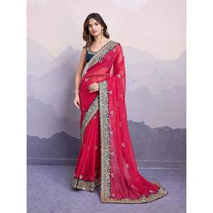 ชุดส่าหรีสำหรับงานปักผ้าโปร่งบางเนื้อนุ่มสีแดง - Product Image 1