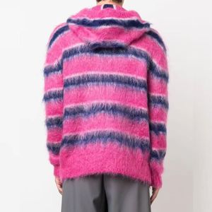 Cardigan en mohair à rayures avec capuche, logo personnalisé, pull 100 % mohair pour homme, vêtements d'hiver brossés et duveteux, pull tricoté OEM ODM - Product Image 4
