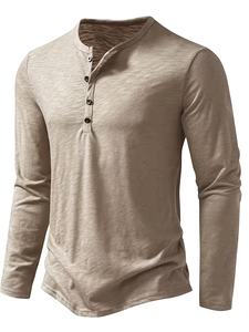Men's Slim Fit Long Sleeve Henley T-Shirt Stand-Up Collar Solid Color Breathable Knitted Cotton Casual Wear 220g Made Bangladesh - Product Image 2