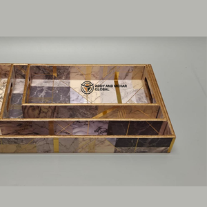 ชุดถาดเสิร์ฟเคลือบสีม่วงลายเรขาคณิต ปลอดภัยสำหรับอาหาร จำนวน 3 ชิ้น ถาดซ้อนกันได้ ทำจาก MDF และกระดาษ ดีไซน์ทันสมัย หรูหรา สำหรับห้องครัว ห้องรับประทานอาหาร และตกแต่งบ้าน - Product Image 3