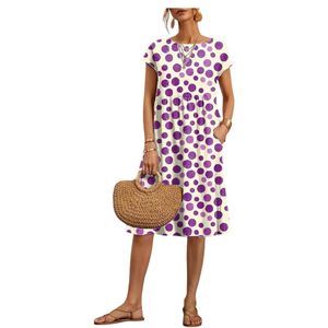 Vestidos de algodón estilo bohemio con estampado floral, manga corta, cintura imperio, cuello redondo, vestido midi informal de verano para vacaciones con bolsillos. - Product Image 1