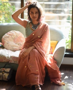 KV Traditional <b>Orange</b>-Coloured Embellished Mul Cotton <b>Saree</b> for Party Wrinkle-Free & Reversible Quick Dry Autumn Without Blouse - Product Image 1