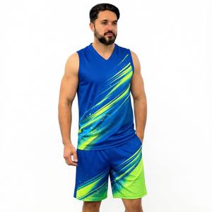 Men's Blue Green Striped Tank Top And <b>Shorts</b> Set V-Neck Quick Dry Knitted <b>Polyester</b> Sporty Summer Outfit - Product Image 1