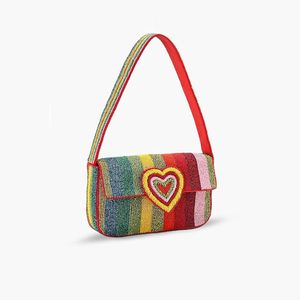Bolso de Hombro Textil a Rayas Estilo Bohemio de Alta Calidad con Bordado de Corazón y Asa Roja, 7 Pulgadas, Duradero, para Todas las Temporadas, de Poliéster - Product Image 1