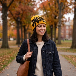 Golden Yellow Black Graphic Knit Beanie Hat Custom Logo Ribbed <b>Winter</b> <b>Cap</b> Unisex Streetwear Fashion Headwear Wholesale OEM - Product Image 2