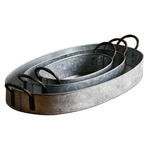 Handmade Galvanized Metal Oval Serving Tray Set of 3 with Twisted Iron Handles Farmhouse Style Decorative <b>Nesting</b> Trays - Product Image 1