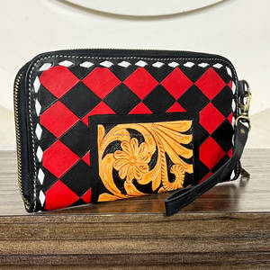 Custom Genuine Tooled Checkered Leather Zipper Wallet Western Style Floral Diamond Pattern Wristlet <b>Clutch</b> Purse for Women - Product Image 2
