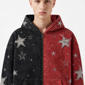 Custom Acid Wash Red <b>Black</b> Rhinestone <b>Zip</b> <b>Up</b> <b>Hoodie</b> Heavyweight Oversized Full Graphic Print Vintage Fashion Hoodies Supplier - Product Image 5
