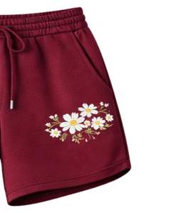 Women <b>Burgundy</b> Crop <b>Hoodie</b> Shorts Set Floral Embroidery Casual Two Piece Outfit Cotton Fleece Lounge Wear Wholesale Manufacturer - Product Image 4