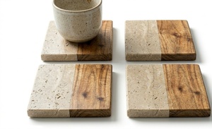 Luxury Artisan Crafted Beige Travertine <b>Marble</b> and Wooden <b>Coaster</b> Set for Modern Home and Dining Decor - Product Image 5