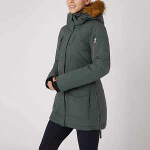 Women's Winter Parka <b>Jacket</b> Genuine <b>Leather</b> Canvas Breathable Fur Trim Hood Quilted Standard Thickness Full Sleeve Long Length - Product Image 3