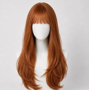 Perruque droite de luxe en cuivre brillant avec frange, entièrement fabriquée à la machine, sans colle, haute densité, pour fêtes et cosplay - Product Image 1