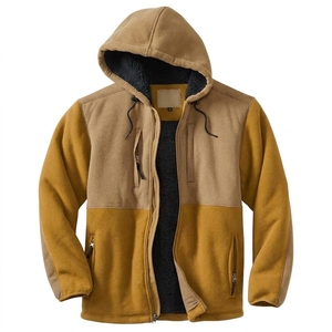 Men's Hooded <b>Fleece</b> <b>Jacket</b> Color Zipper Closure Windproof Casual Winter Outerwear Regular Fit Polyester Shell Sherpa <b>Lining</b> - Product Image 5