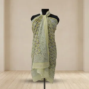 Yellow Grey Floral Hand Block Printed Cotton <b>Sarong</b> Scarf with Geometric Border Lightweight Beach Wrap Stole for Women - Product Image 1