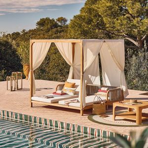 Outdoor Sun Lounger Daybed With Canopy Wood Frame Cushioned Patio Poolside Seating <b>Garden</b> Lounge Furniture - Product Image 3