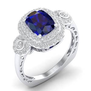 REYES Wholesale Cushion Cut 4.12 Carat Blue Sapphire Gemstone Engagement Halo Ring in 925 Sterling <b>Silver</b> Moissanite Jewelry - Product Image 2