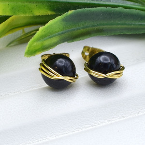 Natural Black Onyx Wire Wrapped <b>Studs</b> | 8mm Gemstone Earrings | Handmade Gift for Her - Product Image 3
