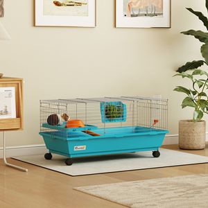 Cage pour petits animaux bleue de 35 pouces avec roulettes, pour lapins et cochons d'Inde, incluant gamelle, bouteille d'eau et mangeoire à foin - Product Image 2