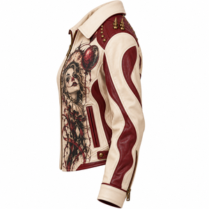 Cream Maroon Leather Jacket <b>Women</b> Spiked Studded Printed Clown Biker Outerwear Custom Made OEM ODM Offer Service Provider - Product Image 4