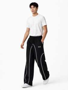 ONETEN APPAREL กางเกงวอร์มขายาวสีดำสำหรับผู้ชาย เอวยางยืด มีเชือกผูก แถบข้างสีขาว กางเกงทรงสปอร์ต - Product Image 1