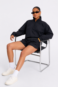 Women Black Cropped Windbreaker Hoodie and <b>Short</b> Set Half <b>Zip</b> Long Sleeve Elasticwaist Casual Sporty Two Piece Outfit Activewear - Product Image 3