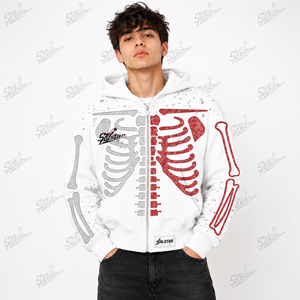 Sudadera con Capucha y Cierre de Cremallera para Hombre, Color Blanco, Estampado de Esqueleto, Forro Polar, Informal, para Invierno, Ecológica, Marca Salstar - Product Image 4